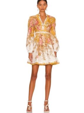ZIMMERMANN THE PATTIE PLUNGE MINI DRESS IN MUSTARD FLORAL